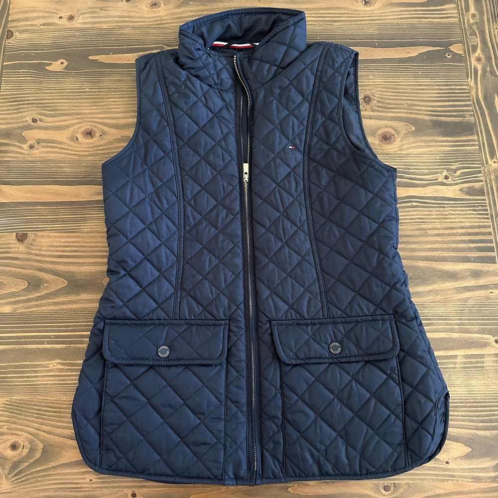 Tommy Hilfiger Navy Quilted Vest S Preppy Classic Zip Red Accent